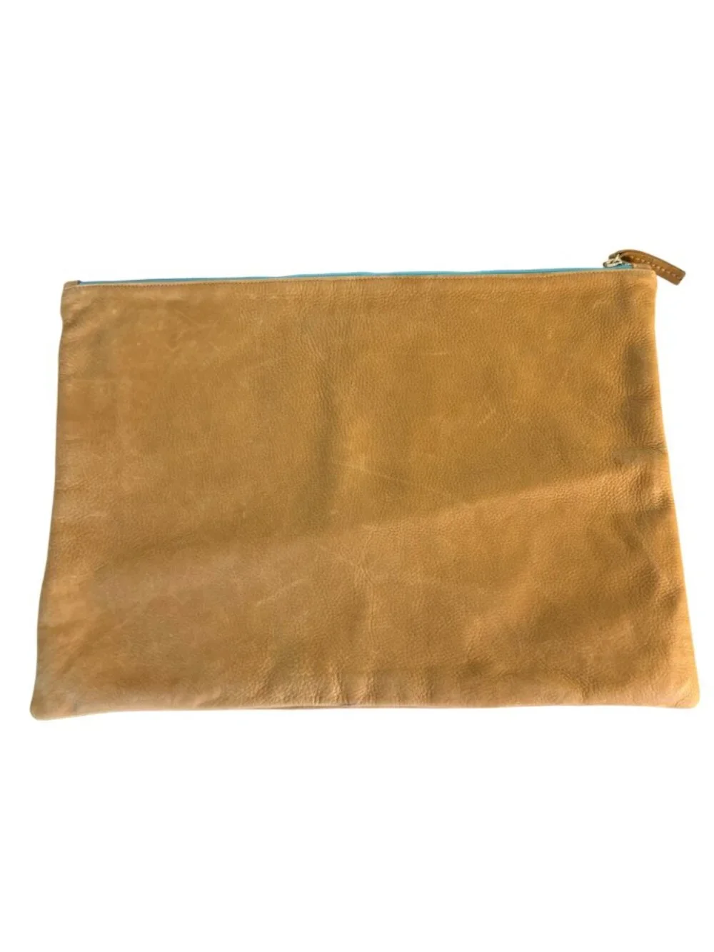 Clare V. Clare Vivier XL Leather Foldover Clutch Tan Turquoise Mint Inside EUC